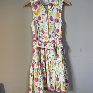 Cynthia Rowley MIDI Dress Fruit Print Linen Blend Sundress Belted Sz 4 Lemons